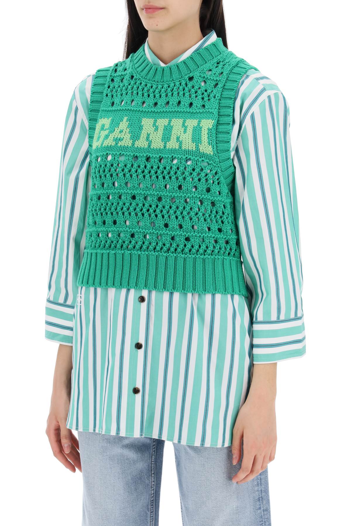 Shop Ganni Open-stitch Knitted Vest With Logo In Juniper