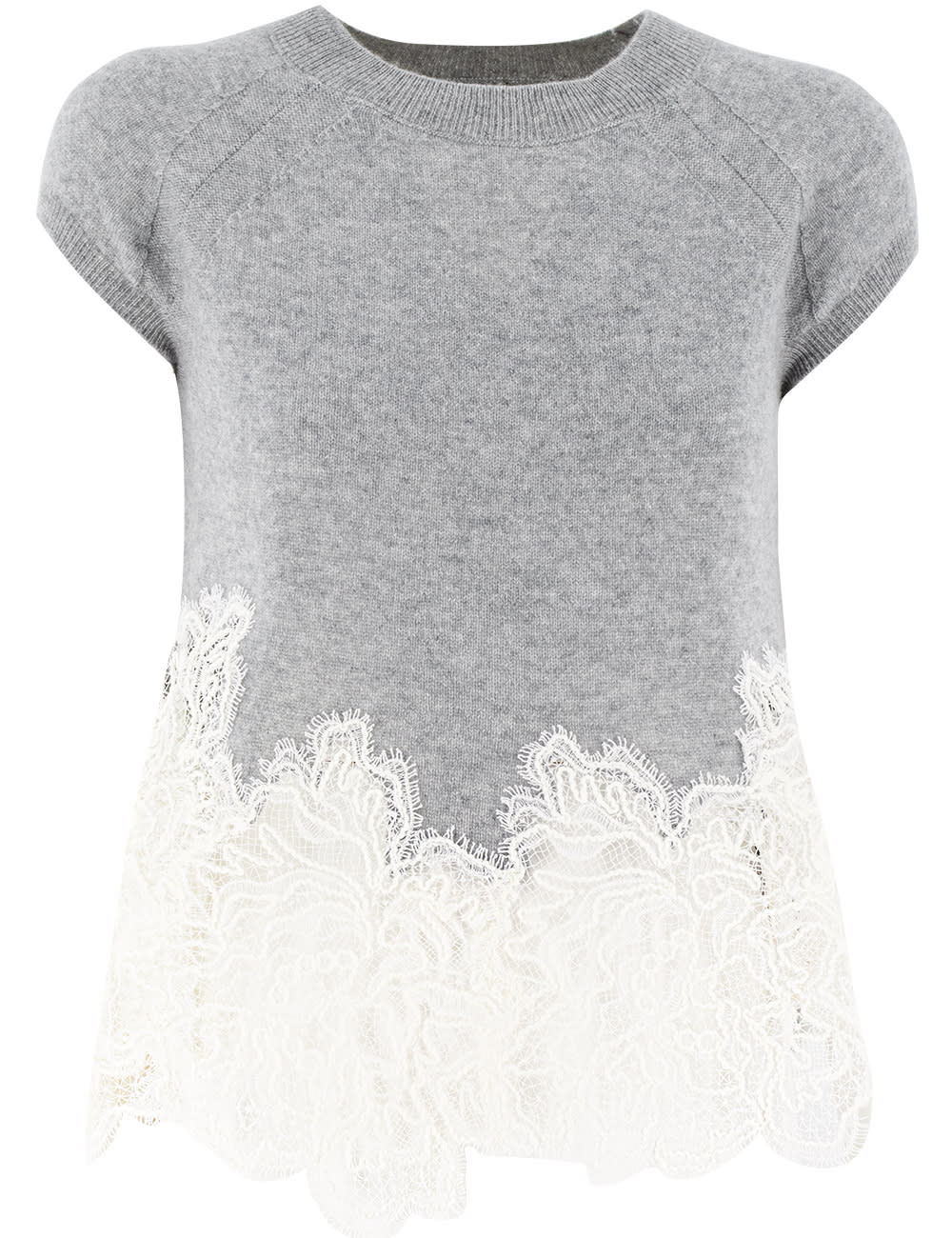 Grey Cashmere Top With Lace Insert