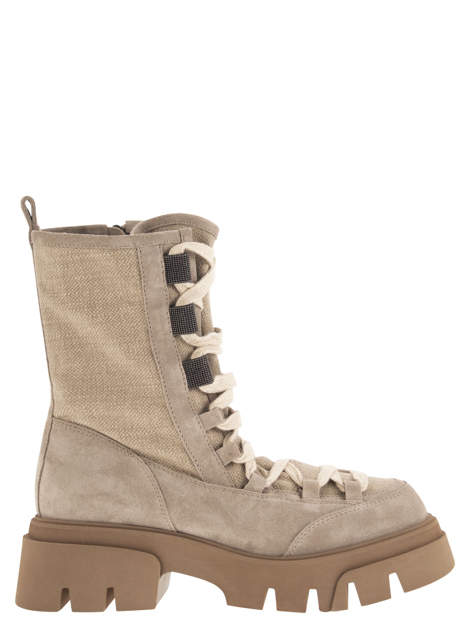BRUNELLO CUCINELLI SUEDE AND CANVAS BOOTS WITH PRECIOUS EYELETS