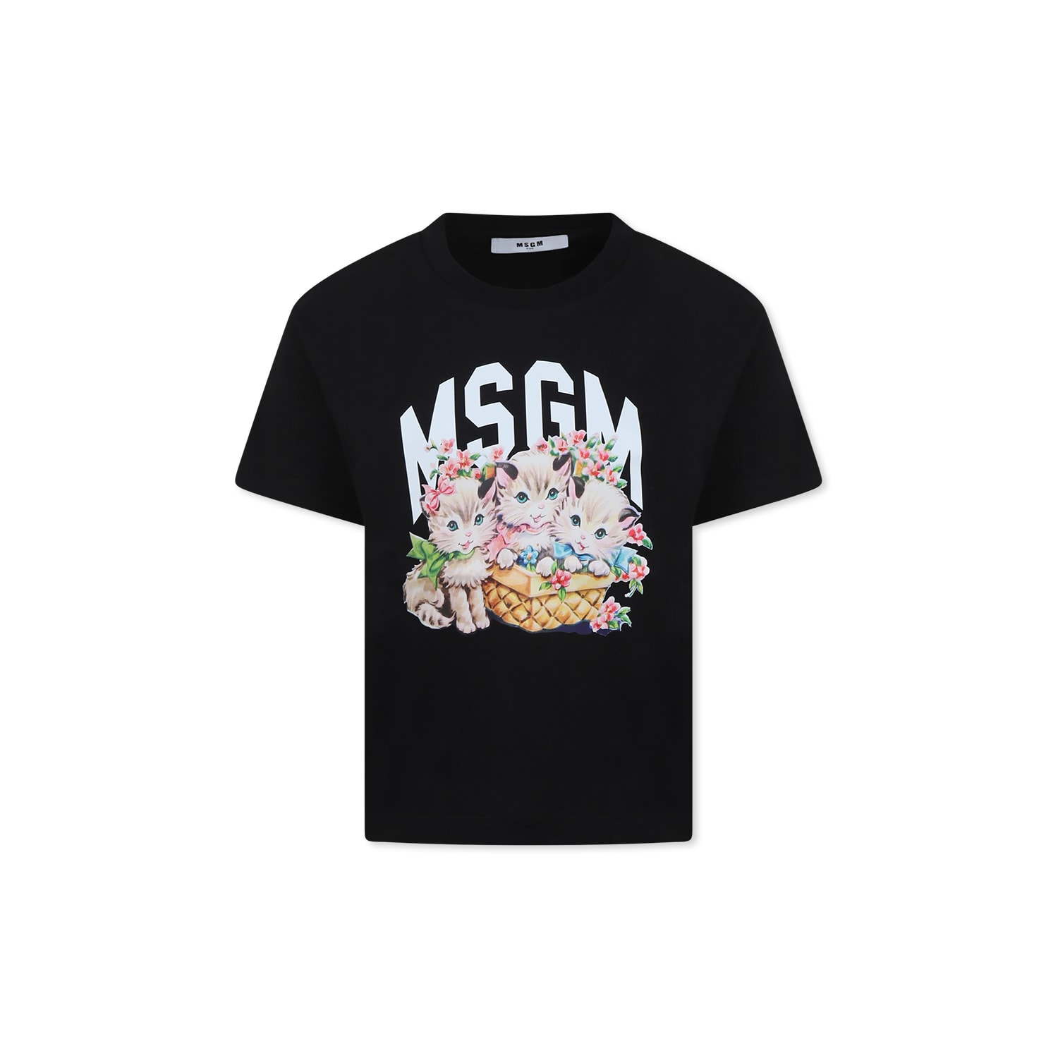 Msgm Black T-shirt For Girl With Logo And Cat Print In Black