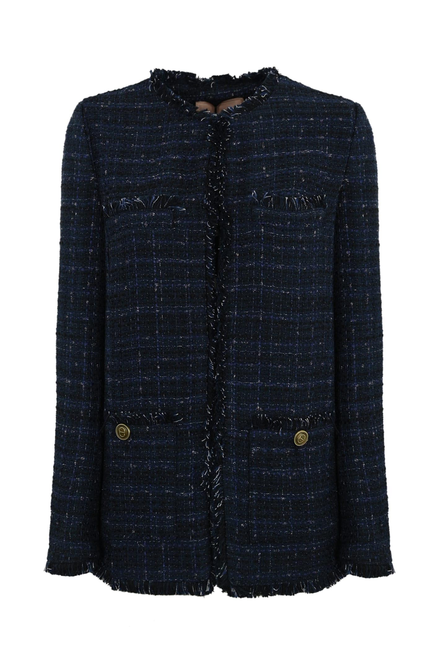 Shop Twinset Long Boucle Jacket In Boucle Blue Denim/nero