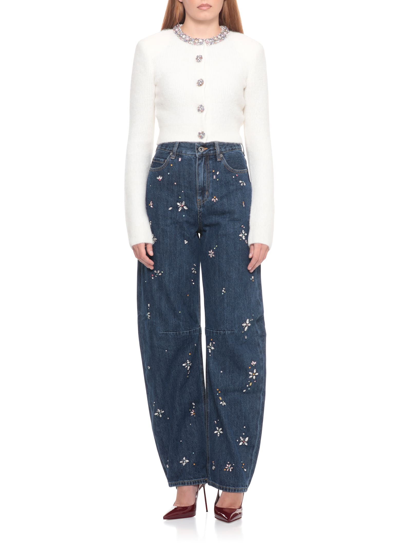Self-portrait Strass Embellished Crew Neck Cropped Cardigan In White