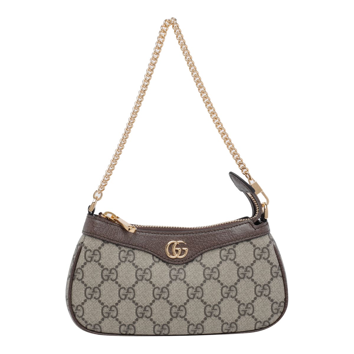Gucci Women Beige Shoulder Bag With Gg Plaque On The Front And Chain-link Handle In Gg Canvas Woman In Brown