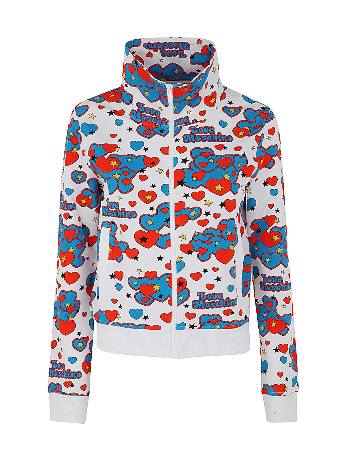 LOVE MOSCHINO HEARTS AND STARS ALLOVER PRINTED JACKET WITH ZIP