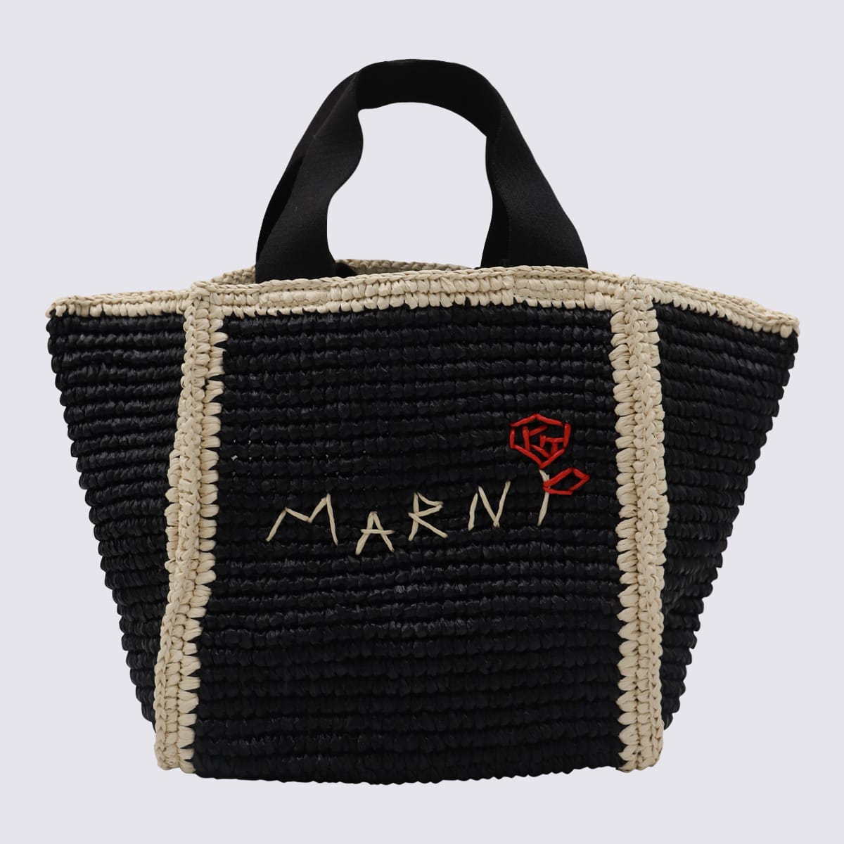 Shop Marni Black And White Raffia Tote Bag In Black/ivory/black