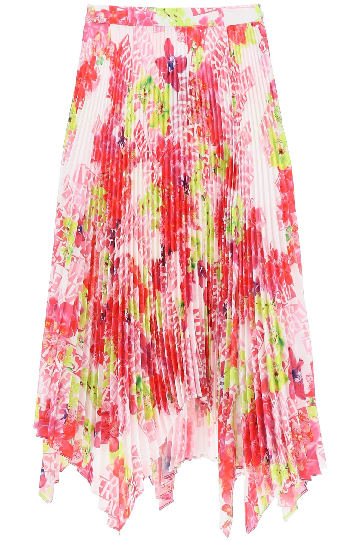 Versace Orchid Print Pleated Crepe Midi Skirt In White Pink