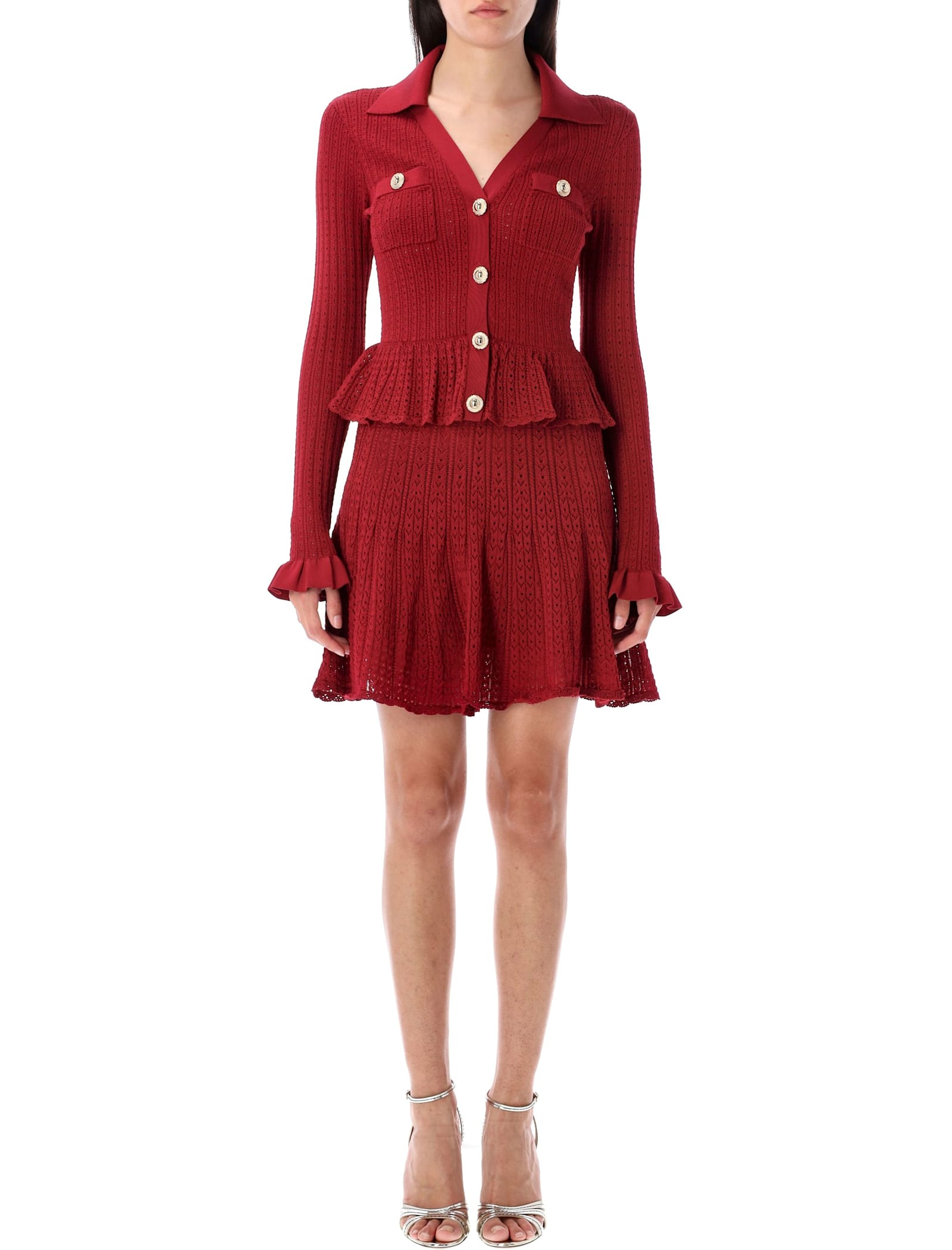 Self-portrait Pointelle Knit Mini Dress In Red