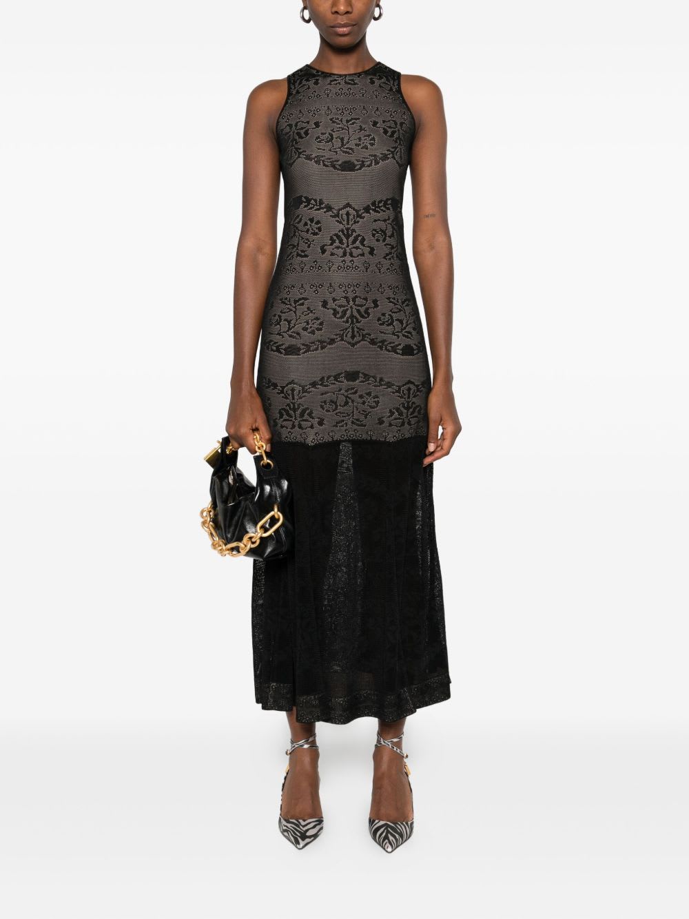 Twinset Twin-set Fitted Bodice Maxi Dress With Floral Lace Overlay In Black