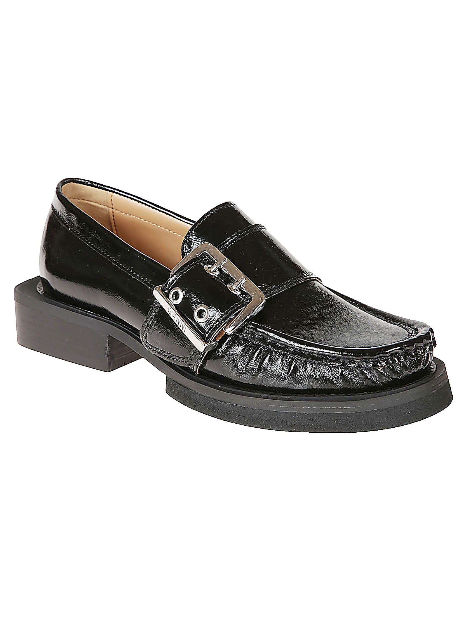 Shop Ganni Block Heel Buckled Loafers In Black