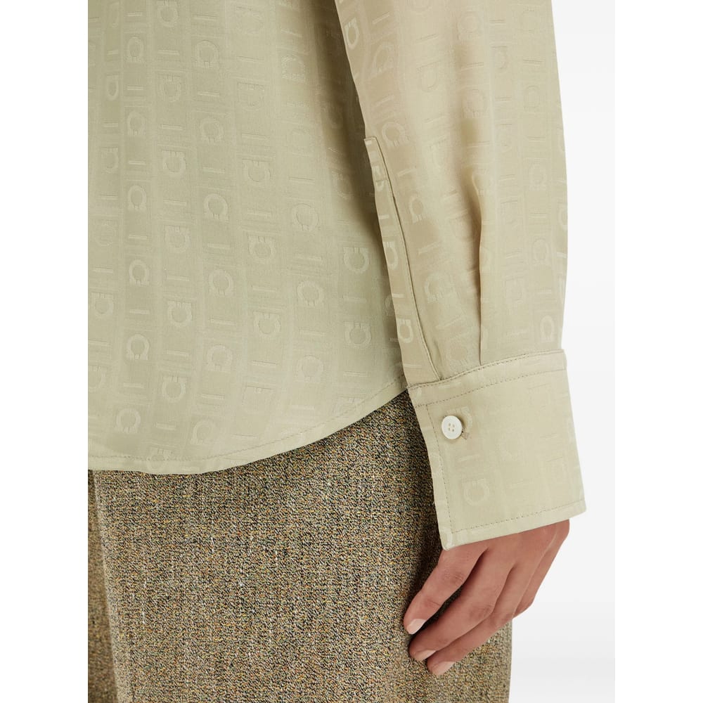 Ferragamo Gancini Jacquard Silk Button-up Shirt In Neutral
