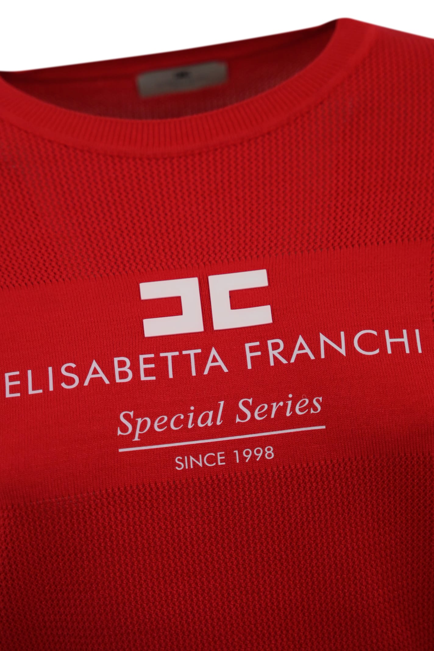 Shop Elisabetta Franchi Net Stitch Viscose Sweater With Intarsia Logo In Red Passion