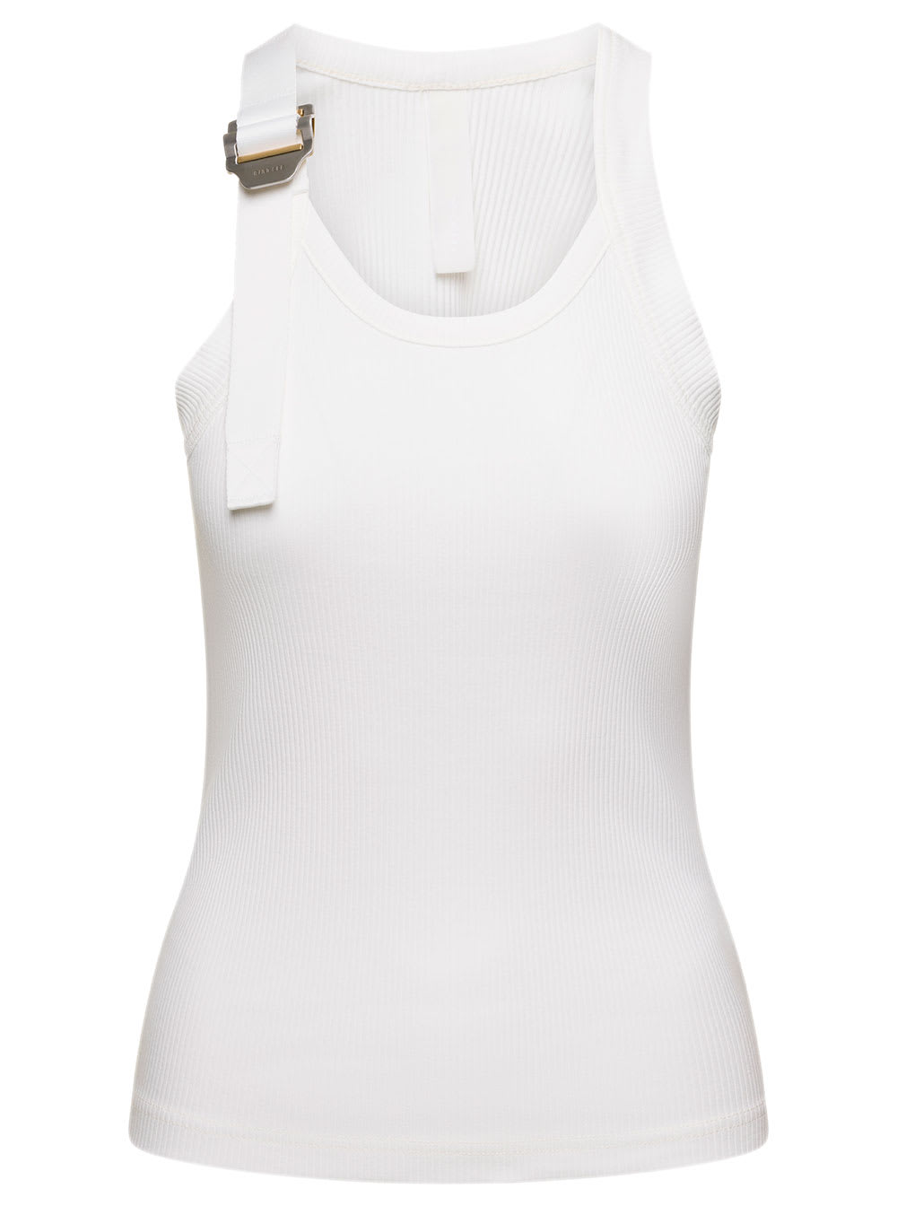 DION LEE WHITE RIBBED TANK TOP WITH BRANDED BUCKLE DETAIL IN STRETCH COTTON WOMAN