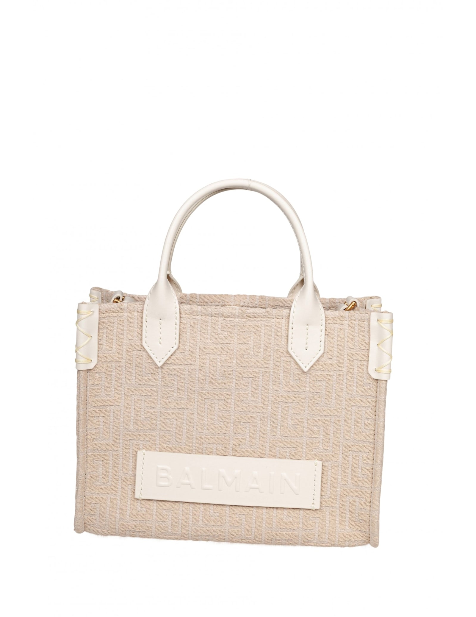 Balmain B-army 36 Monogrammed Canvas Jacquard And Leather Tote Bag In Neutral