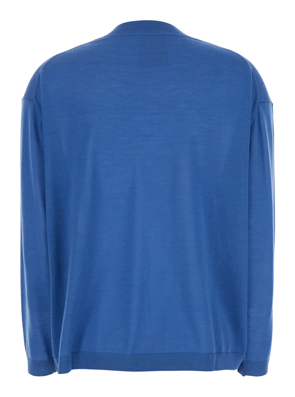 SEMICOUTURE BLUE SWEATER WITH V-NECK AND LOGO EMBROIDERED ON THE SIDE IN VIRGIN WOOL WOMAN