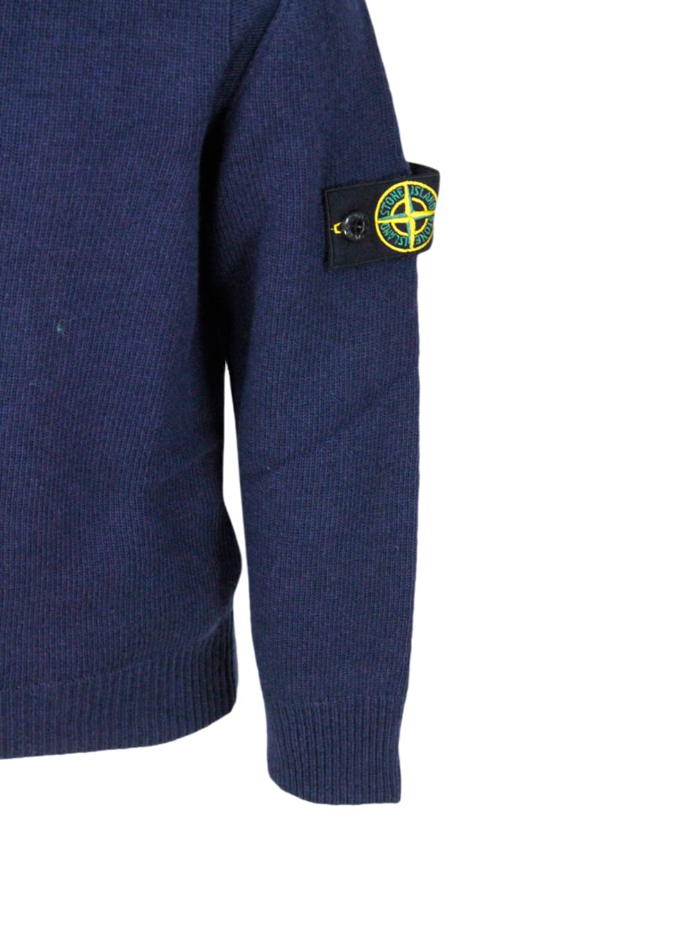 Shop Stone Island Long-sleeved Crew-neck Sweater In Wool Blend With Badge On The Left Sleeve In Blu