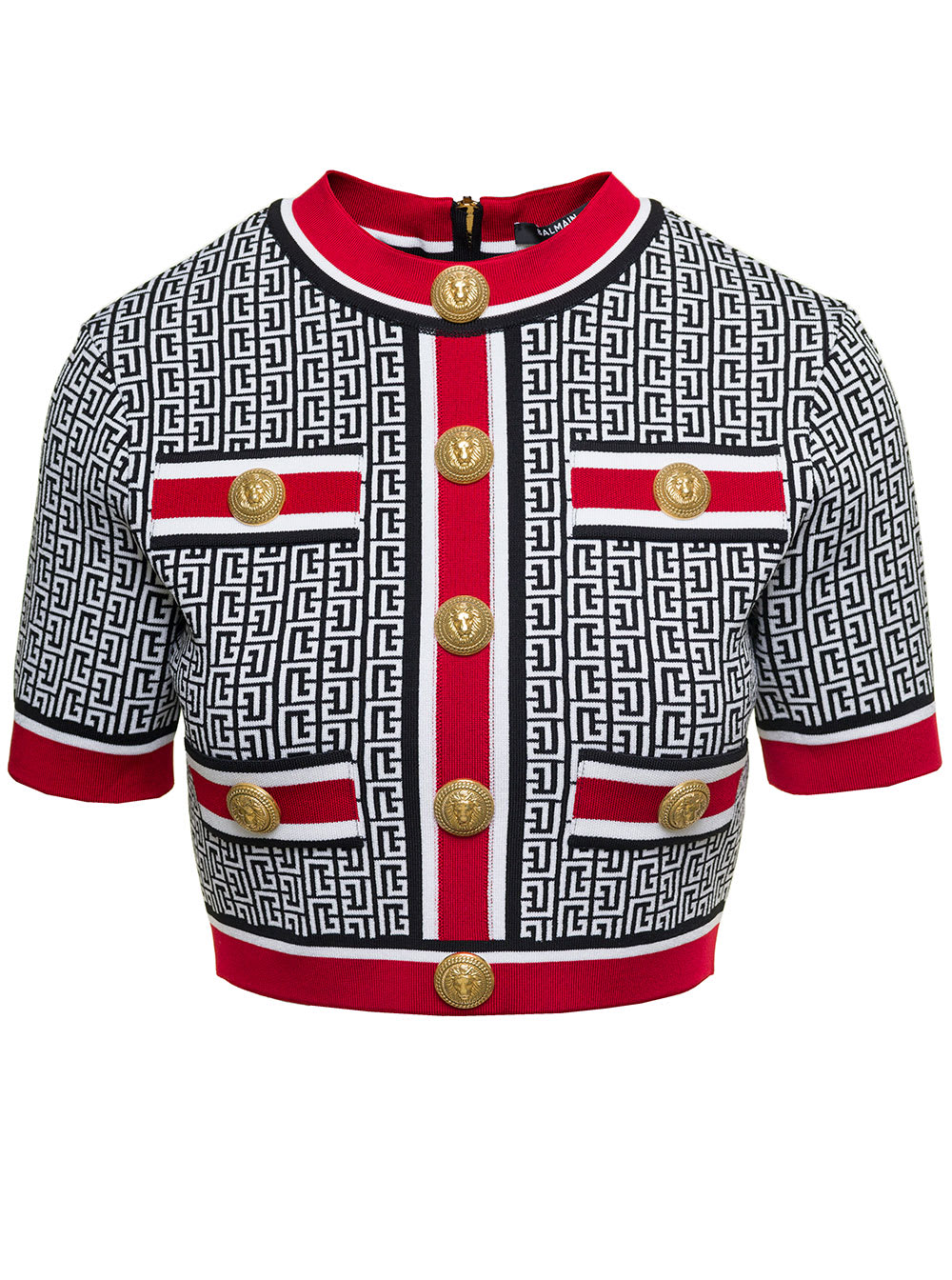 Shop Balmain Multicolor Cropped Top With Monogram Print And Jewel Buttons In Viscose Blend Woman