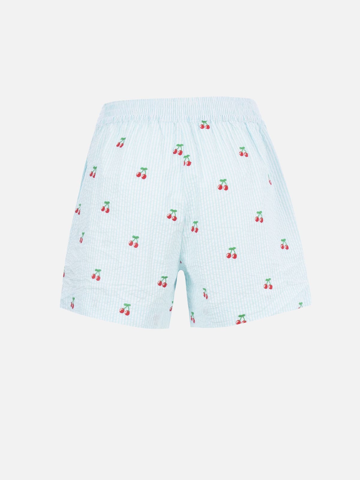 Mc2 Saint Barth Woman Seersucker Striped Pull Up Shorts Meave With Cherry Patches In Green