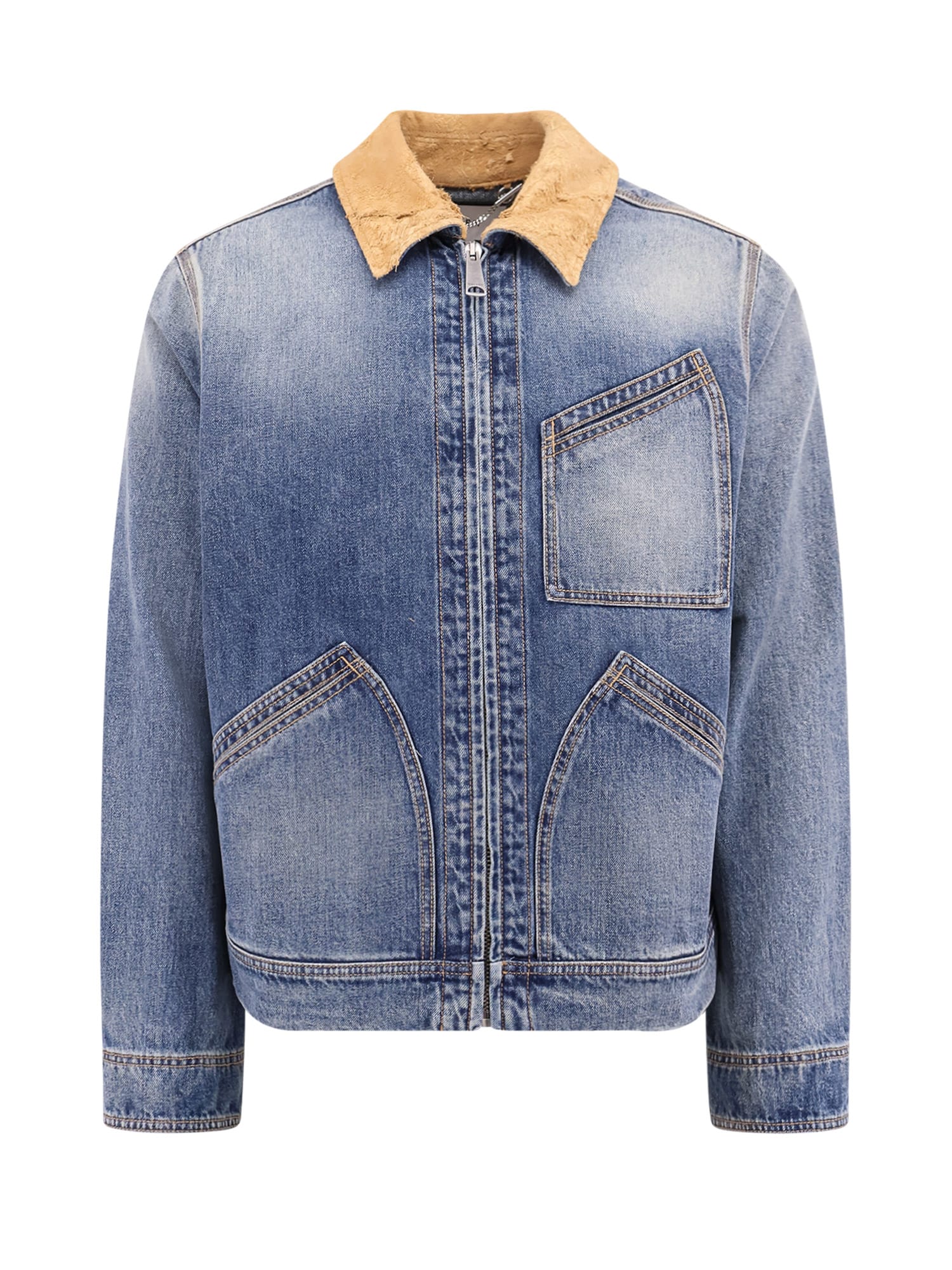 Blue Jacket With Classic Collar In Denim Man