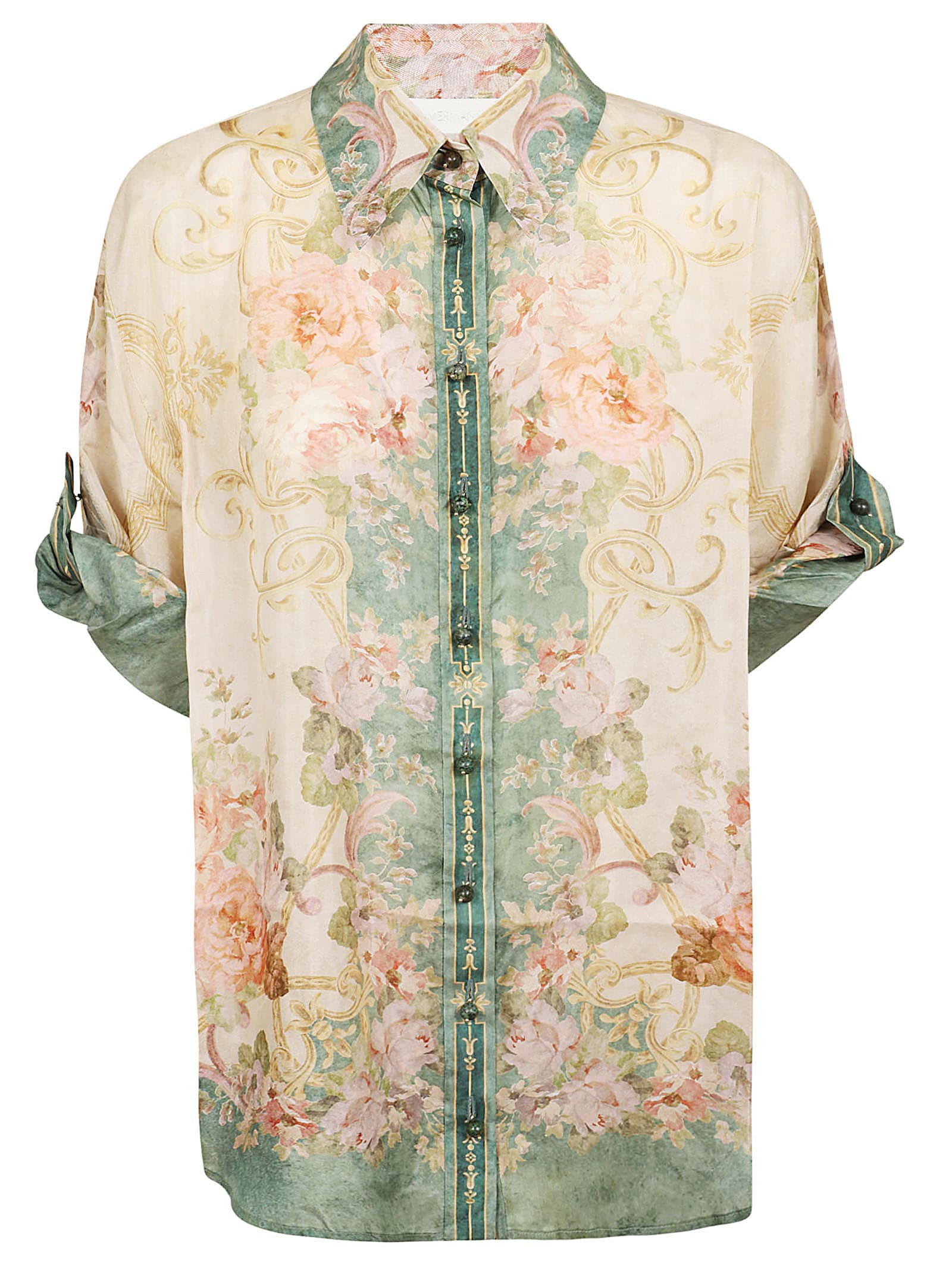 Shop Zimmermann August Short Sleeve Shirt In Khf Khaki Floral