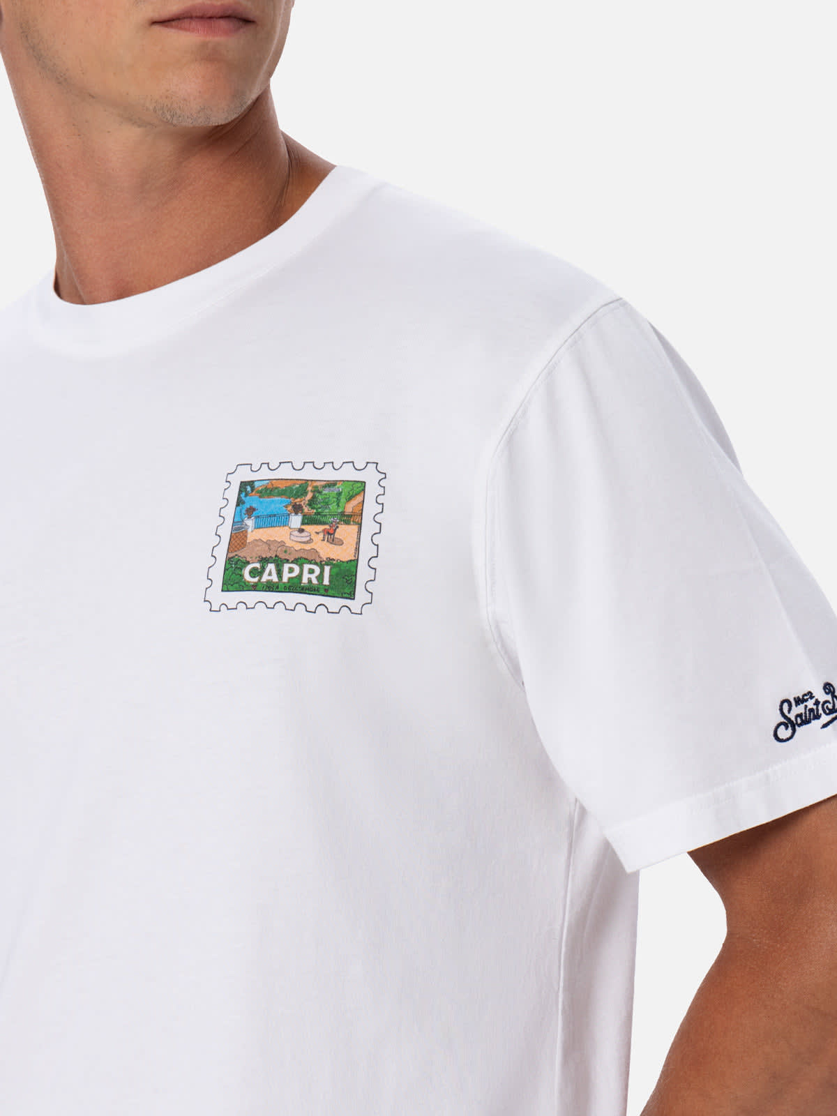 Mc2 Saint Barth Man Cotton T-shirt With Capri Postcard Front And Back Print Alessandro Enriquez Special Edition In White