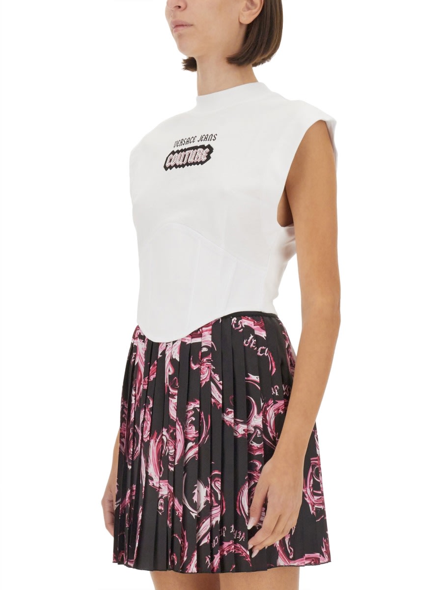 Versace Jeans Couture White Top With Logo And Cap Sleeves In White