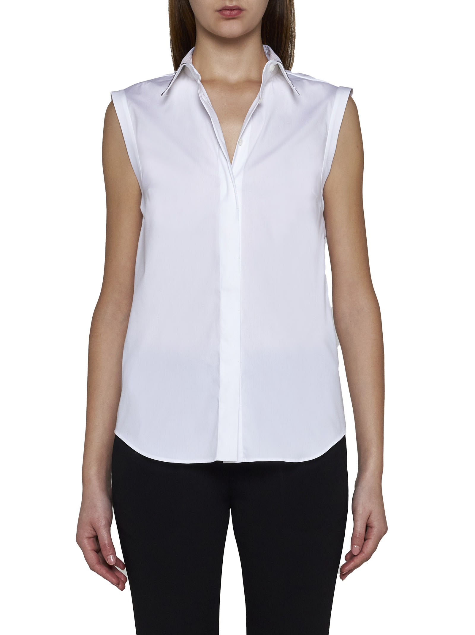 Brunello Cucinelli Cotton Poplin Button-front Shirt With Monili Collar In Bianco
