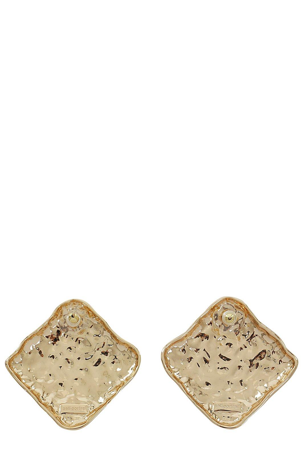 Shop Self-portrait Textured Square Earrings In Golden