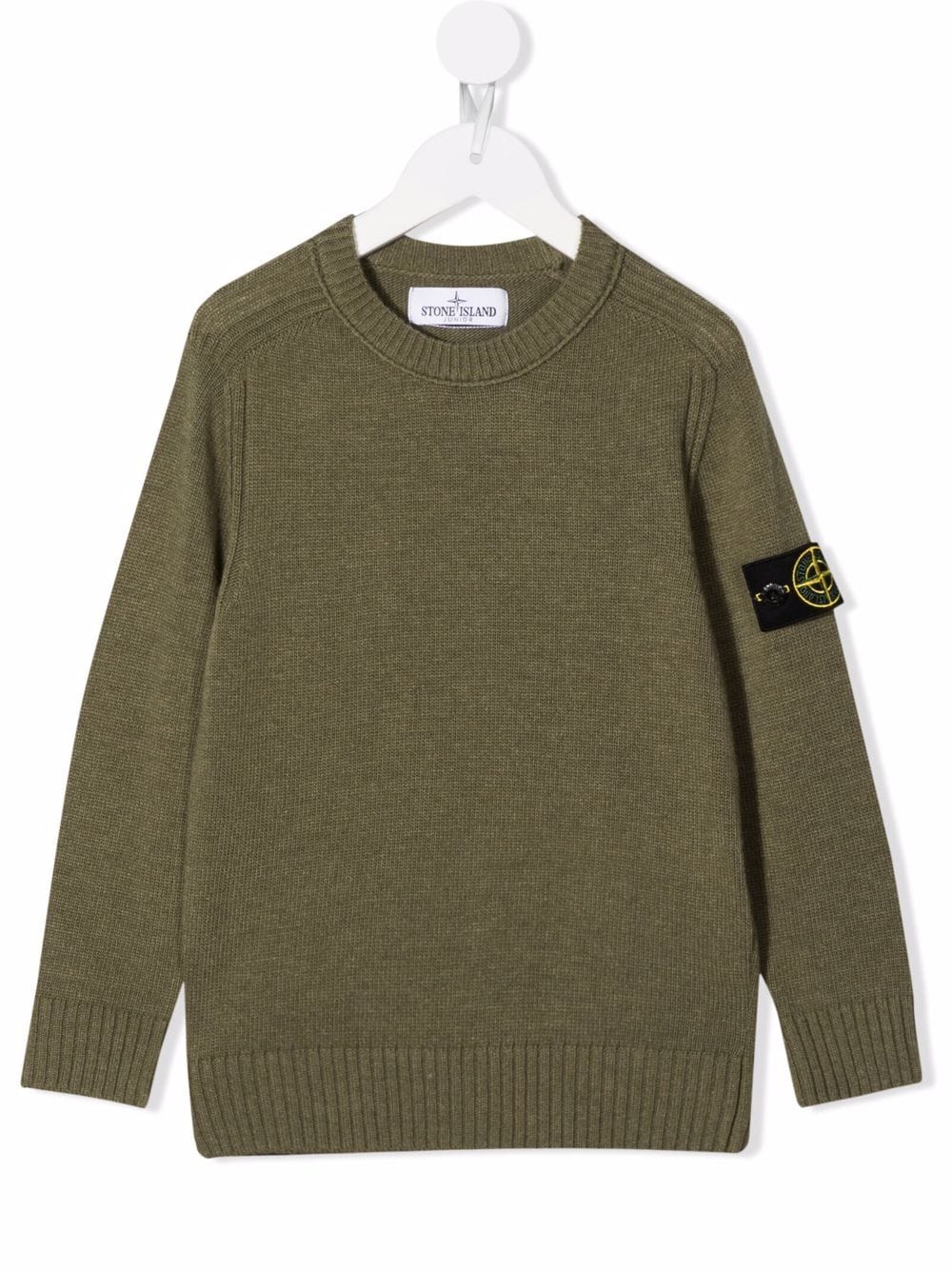 Stone Island Junior Kids Military Green Round-neck Sweater With Logo Patch