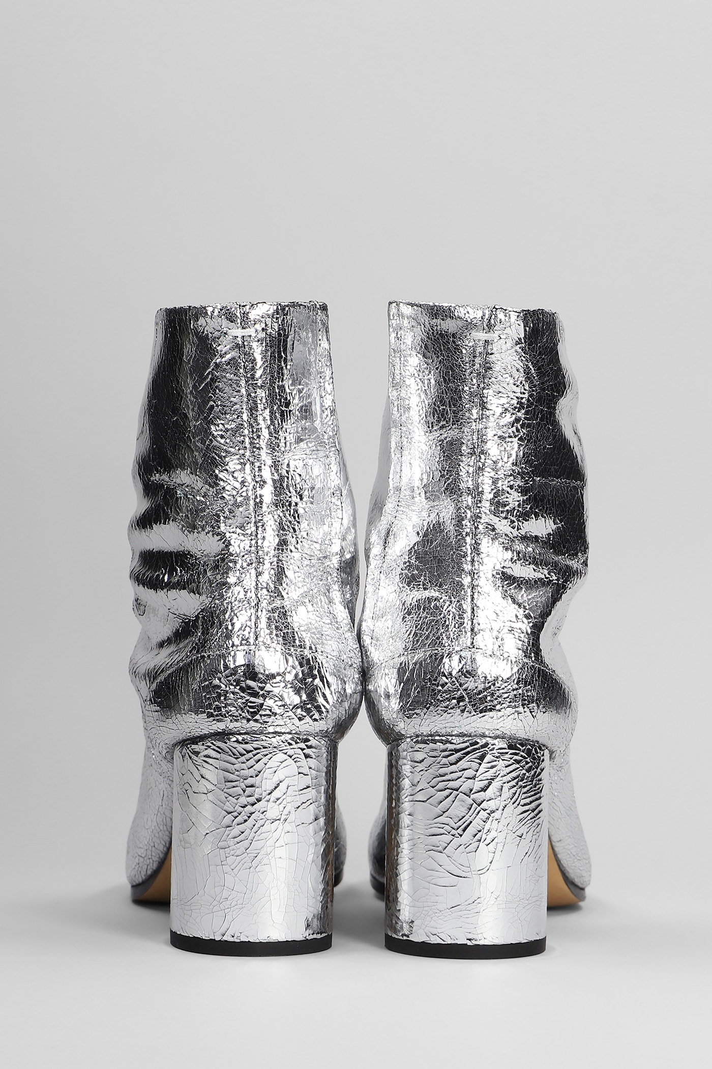 MAISON MARGIELA TABI HIGH HEELS ANKLE BOOTS IN SILVER LEATHER 