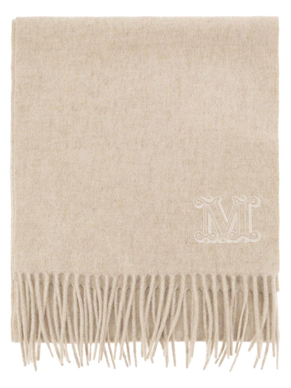 Shop Max Mara Logo Embroidered Fringed Scarf In Beige