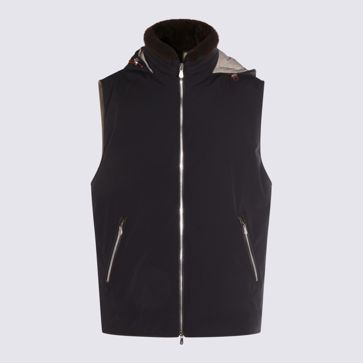 Brunello Cucinelli Sleeveless Hooded Down Jacket Side Zip Pockets In Brown