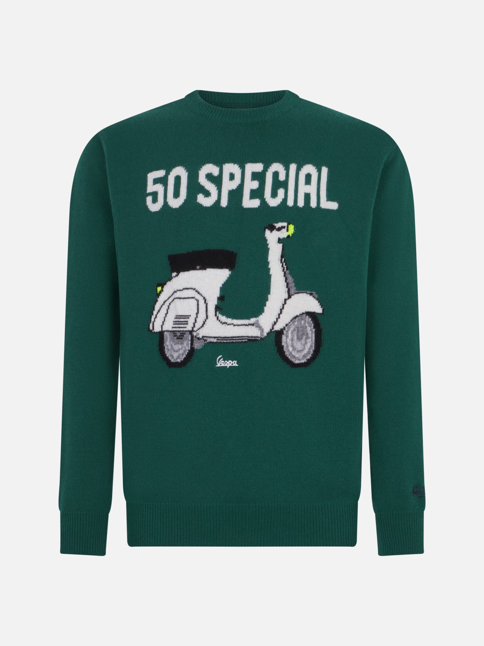 Shop Mc2 Saint Barth Man Crewneck Sweater With Vespa Jacquard Print Vespa© Special Edition In Green