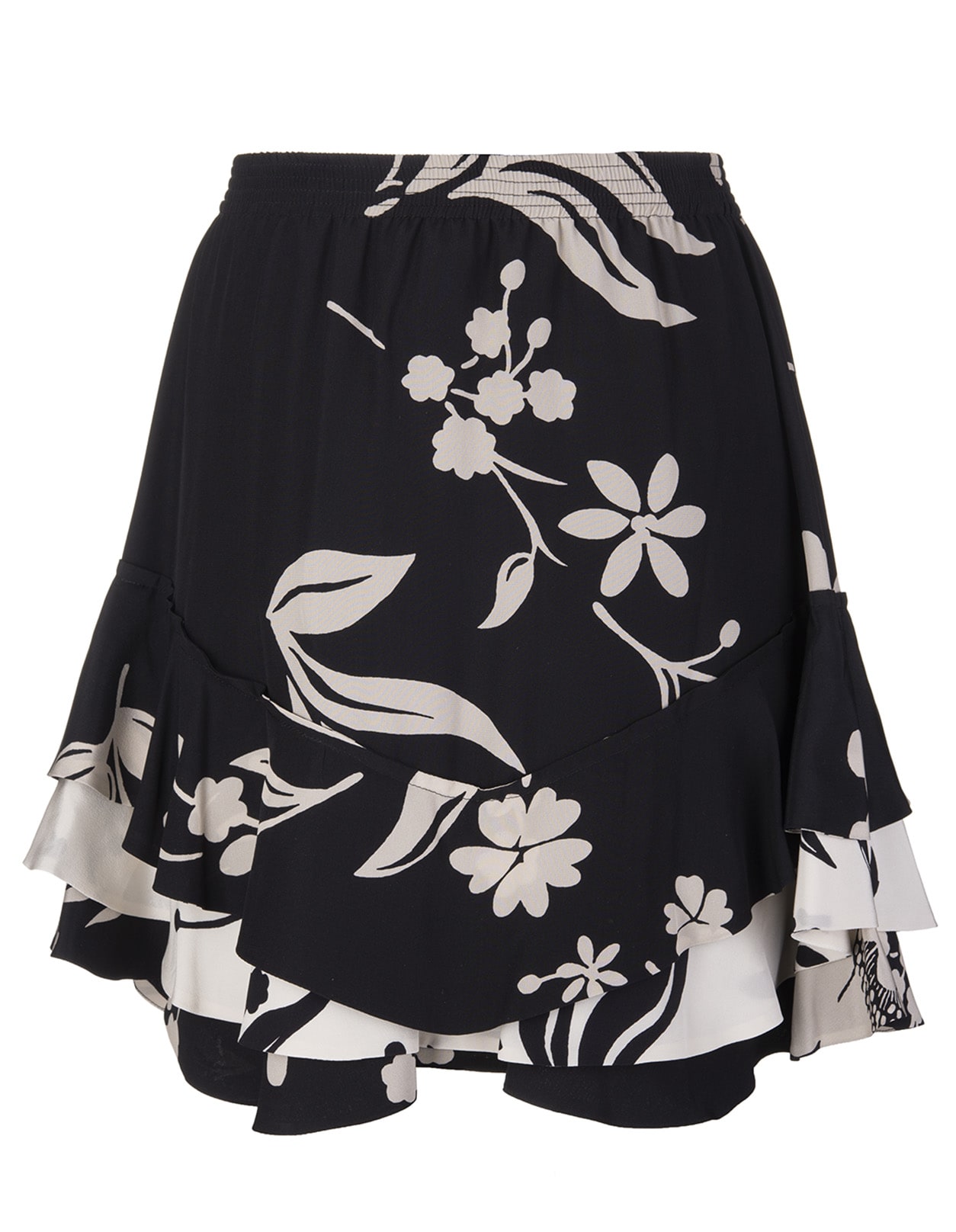 Ermanno Scervino Black Flounced Miniskirt With Ivory Floral Print