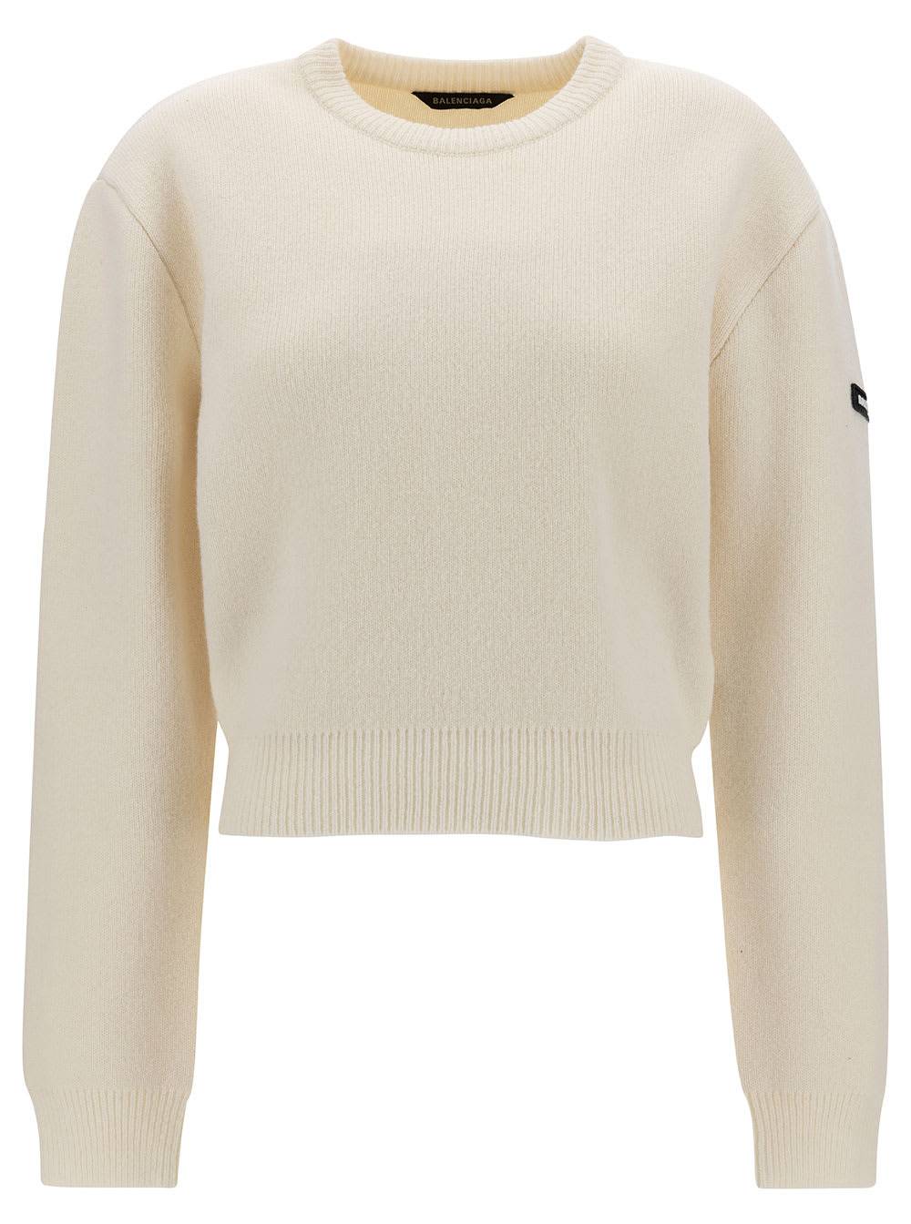 Balenciaga Cropped Sweater With Logo Patch In Wool Blend In White