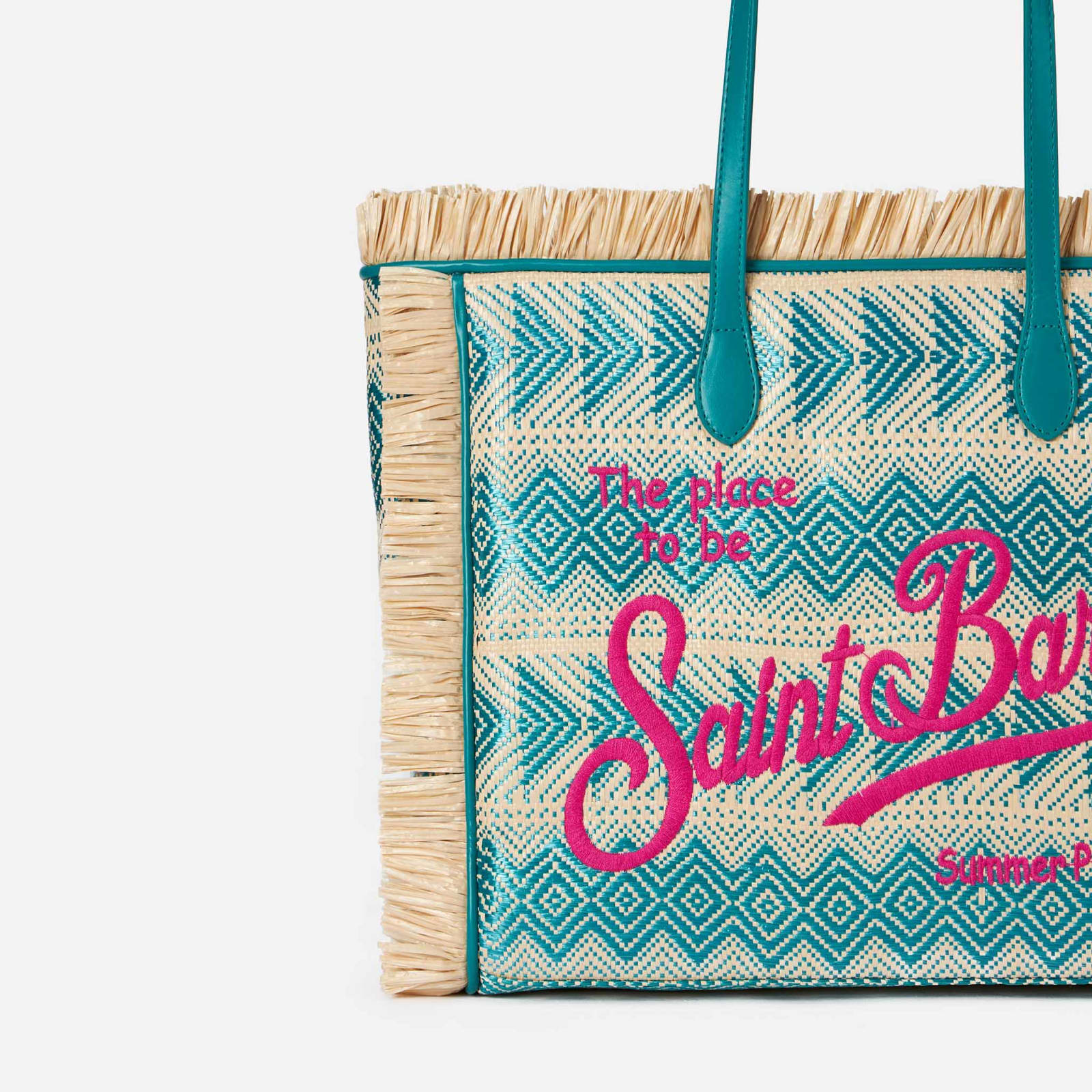 Shop Mc2 Saint Barth Vanity Straw Bag With Embroidery And Geometric Pattern In Sky