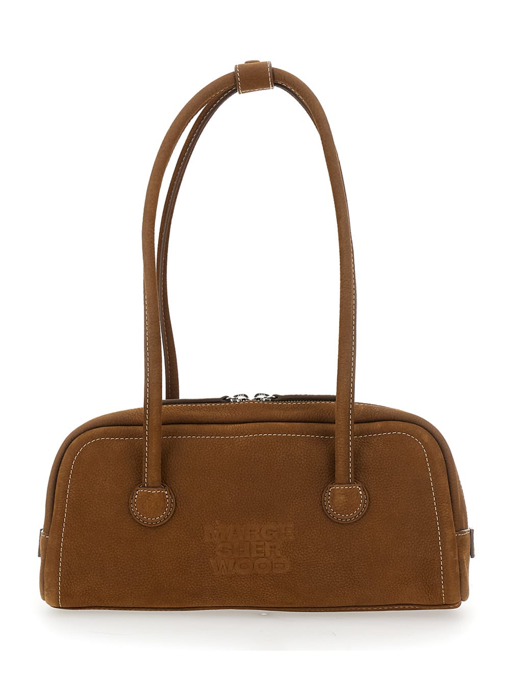 boston Brown Shoulder Bag With Embossed Logo Lettering On The Front In Leather Woman