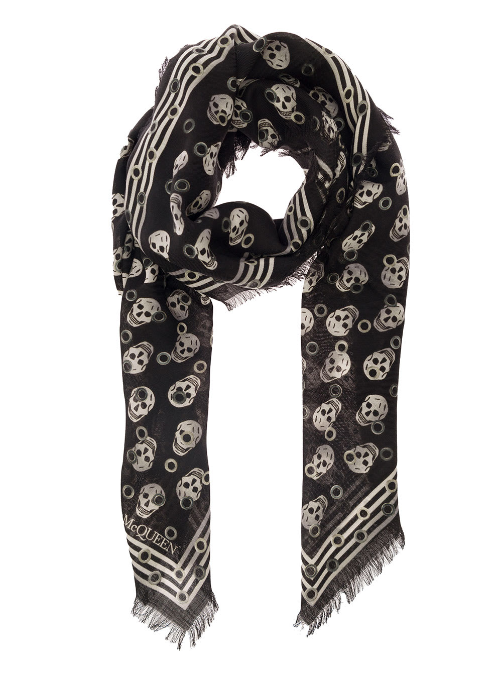 Shop Alexander Mcqueen Black Scarf With All-over Skull Print And Fringed Hem In Wool Man
