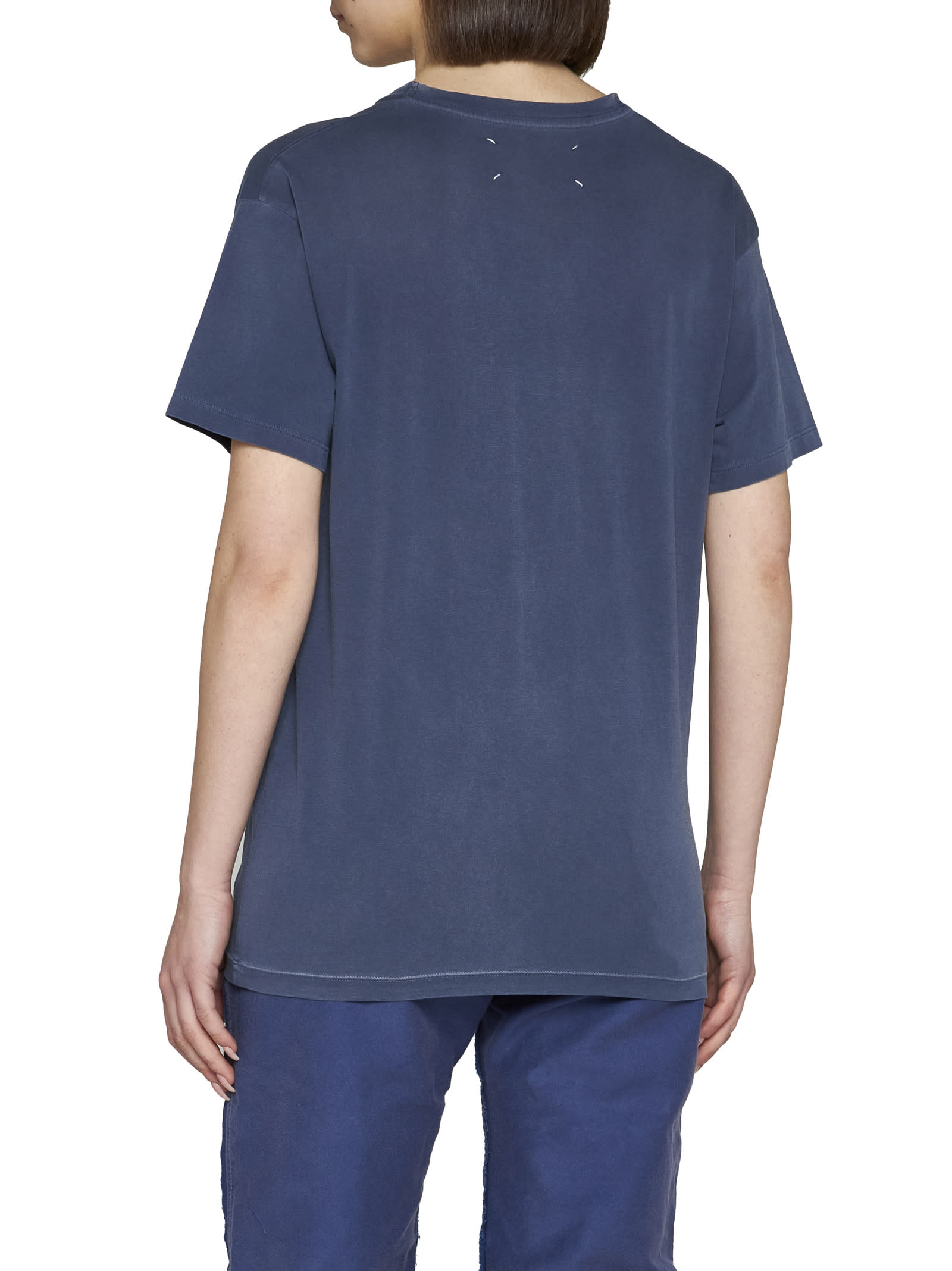 Maison Margiela Blue Crewneck T-shirt With Logo Lettering Print In Cotton Woman In 469
