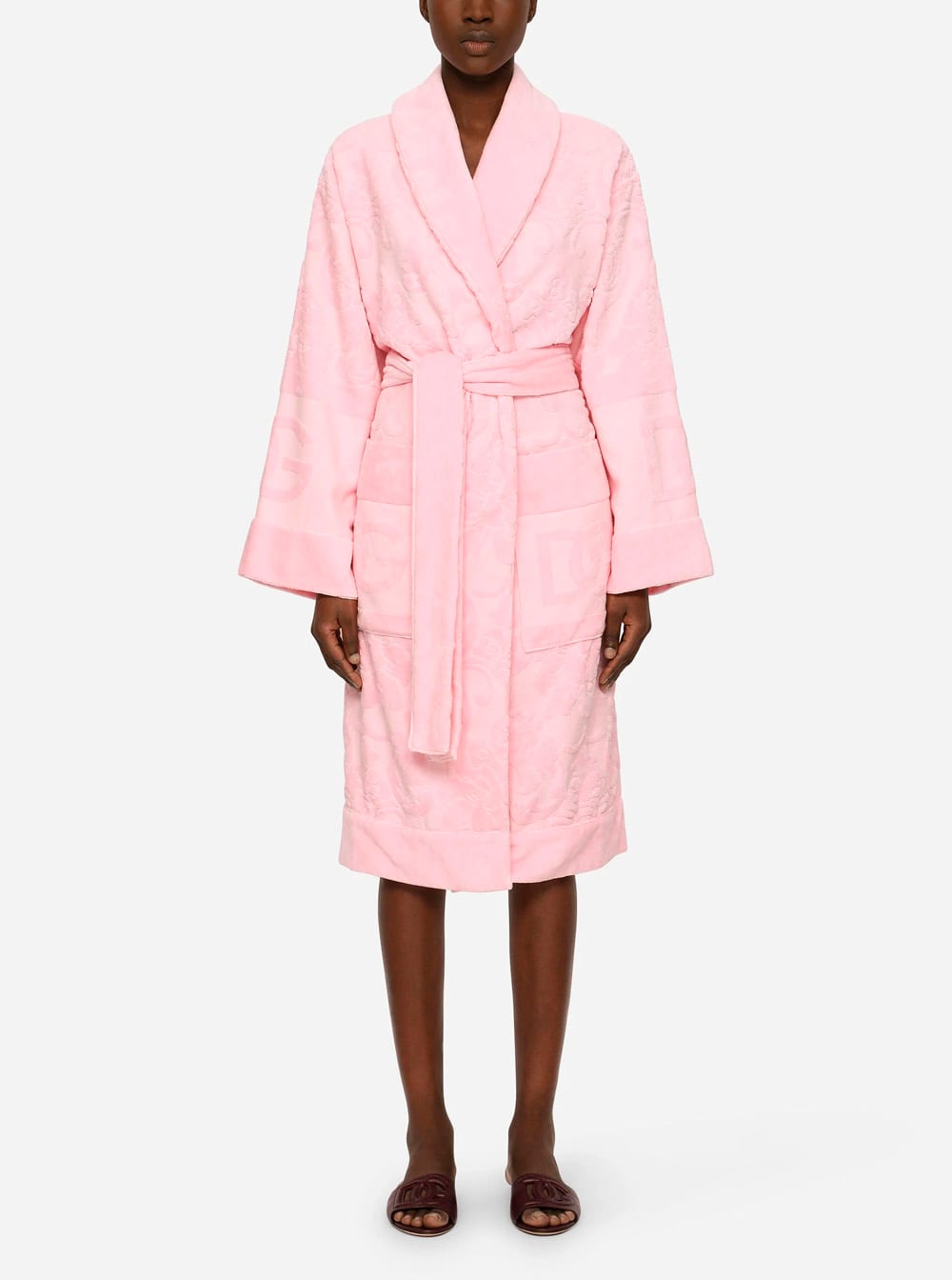 Dolce & Gabbana Pink Bathrobe With Front Belt Closure And Two Front Maxi Patch Pockets In Cotton Home In Multi