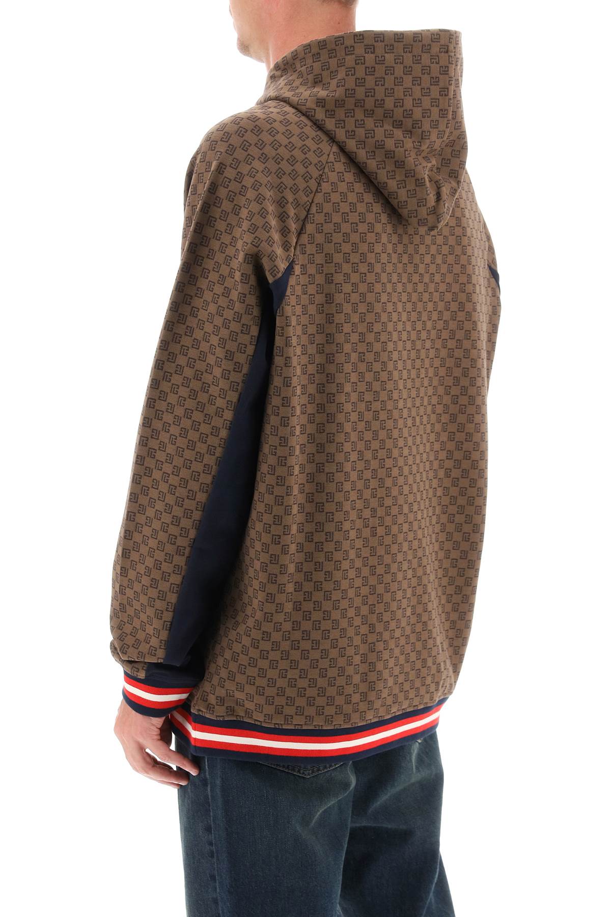 Balmain Retro Monogram Logo Cotton Hoodie In Marron/marine/rouge