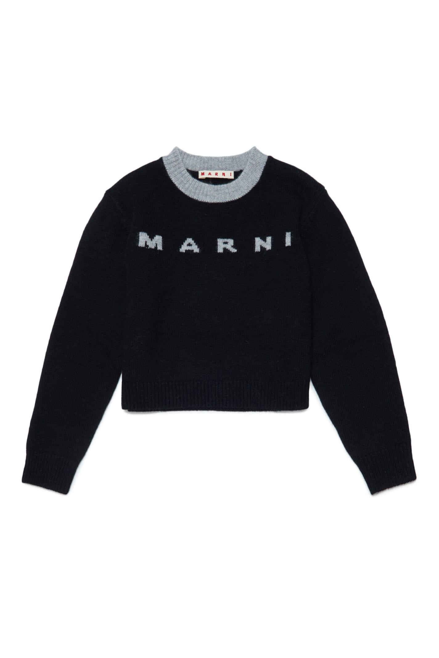 MARNI MK107F KNITWEAR MARNI BLACK SWEATER IN WOOL-CASHMERE BLEND WITH JACQUARD LOGO AND RIBBED EDGES
