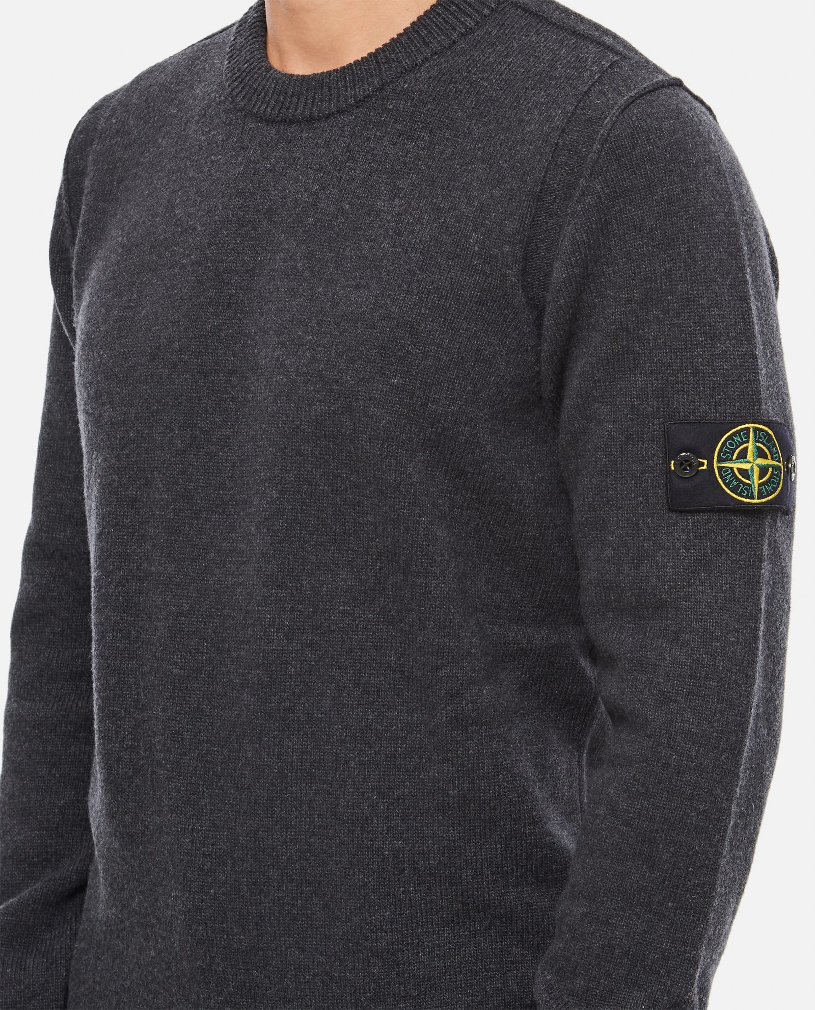 Shop Stone Island Wool Crewneck With Logo Sweater In Melange Charcoal