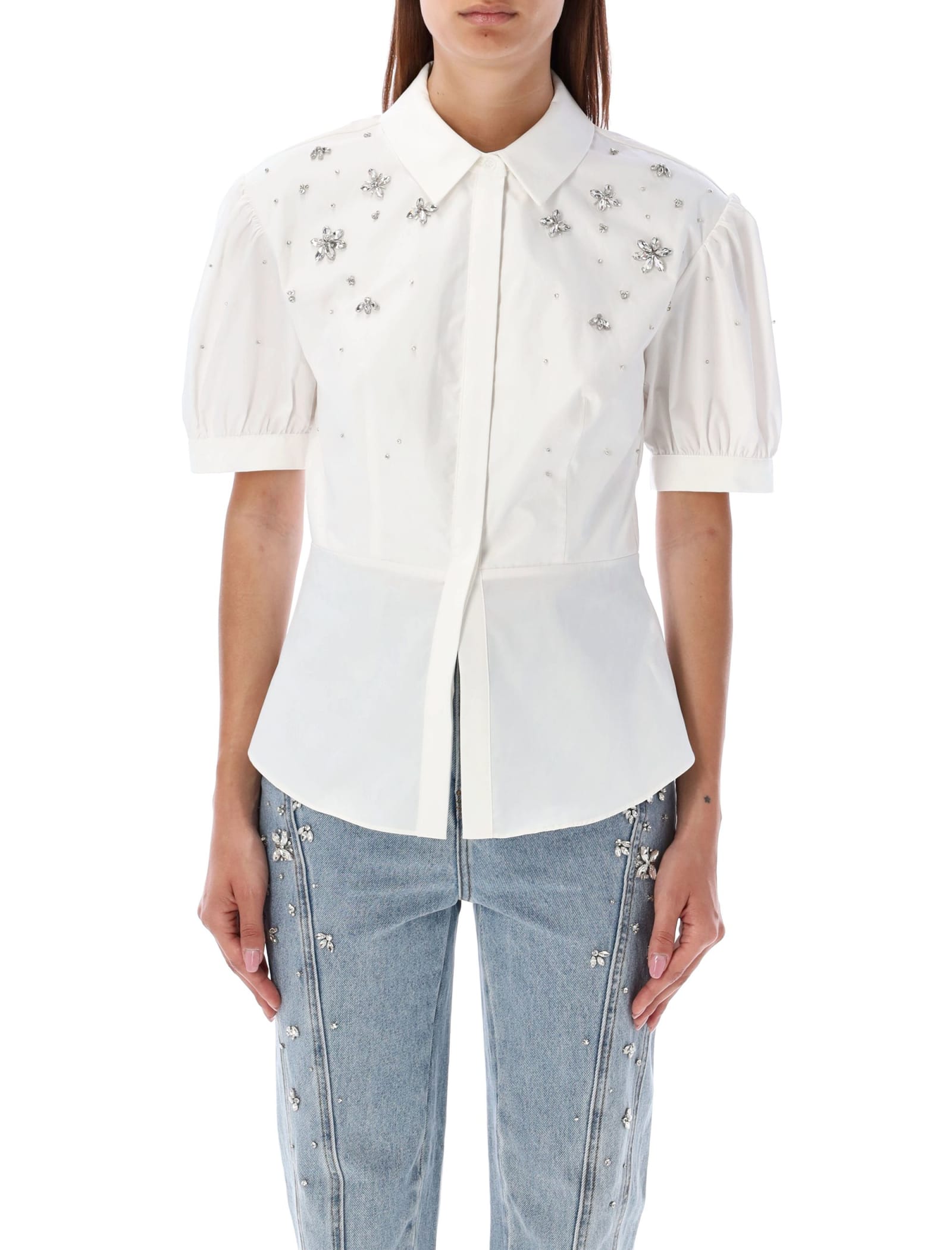 Shop Self-portrait Embellished Shirt In White