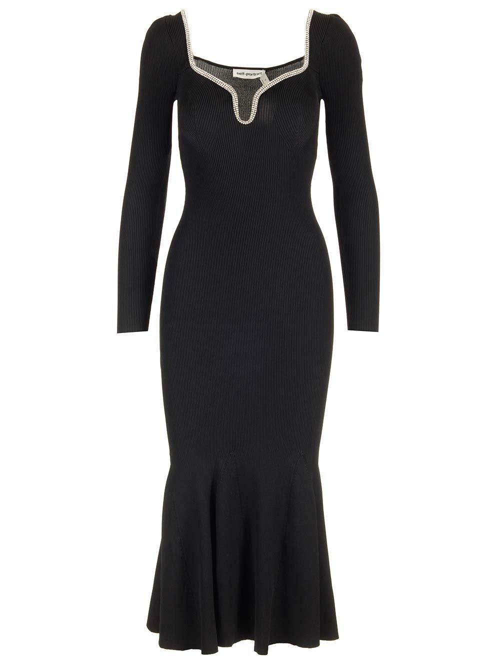 Shop Self-portrait Trim Embellished Knitted Midi Dress In Nero