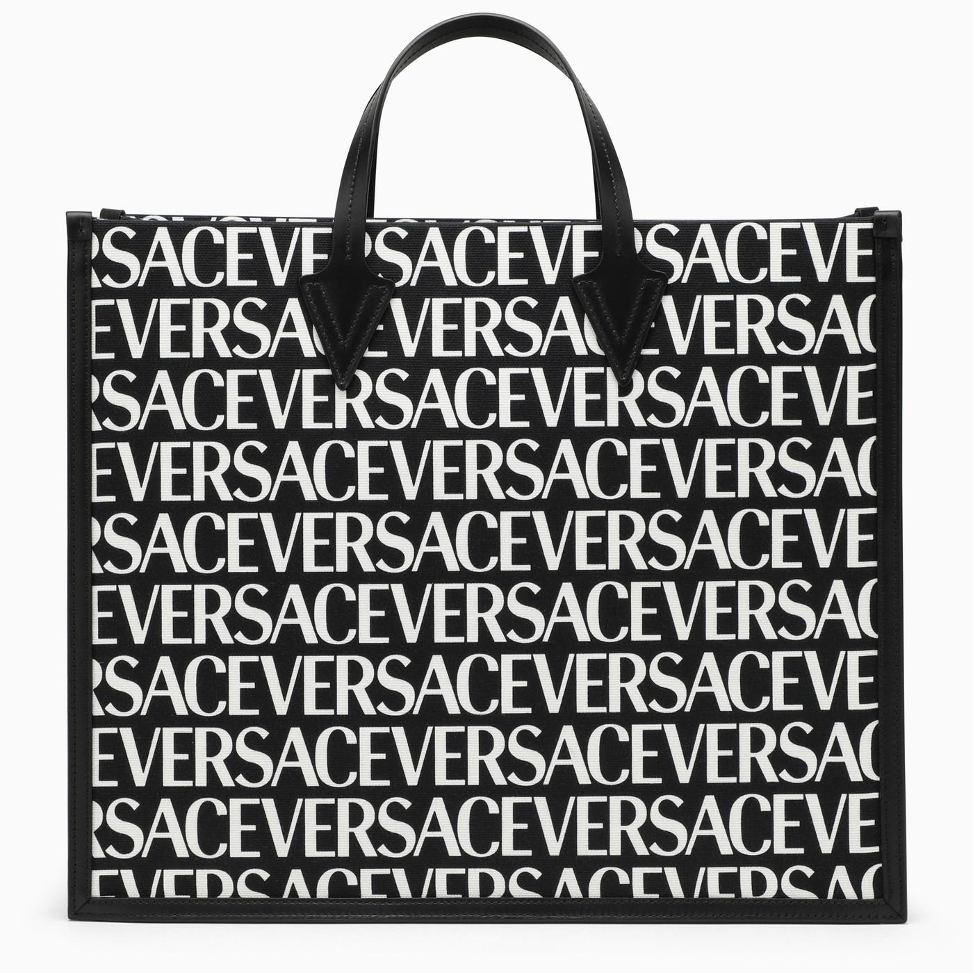 Versace Black Tote Bag With All-over Logo In V Nero/bianco/oro