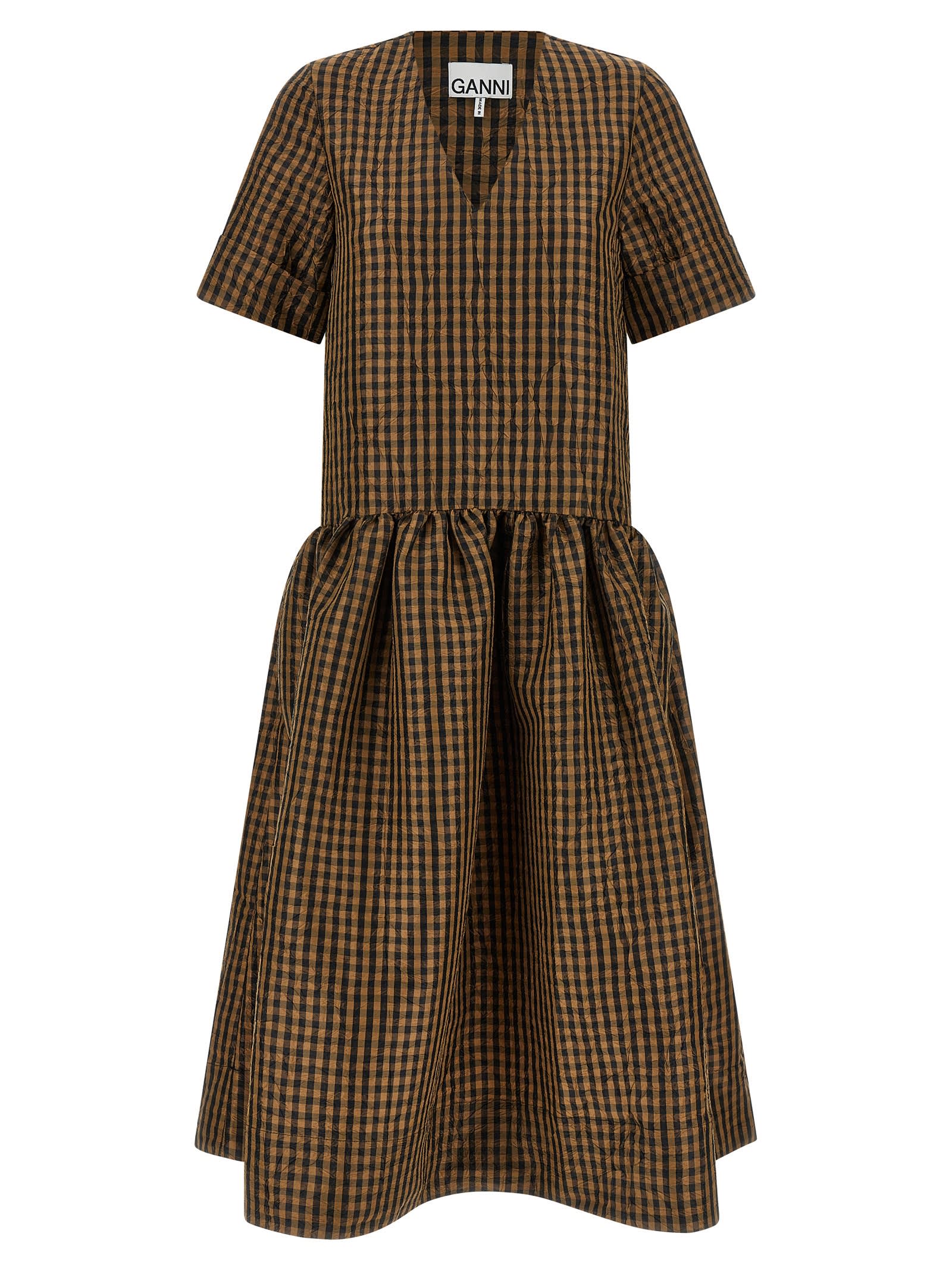 Ganni Crinckled Taffeta Checkered Dress Gathered Waist In Brown