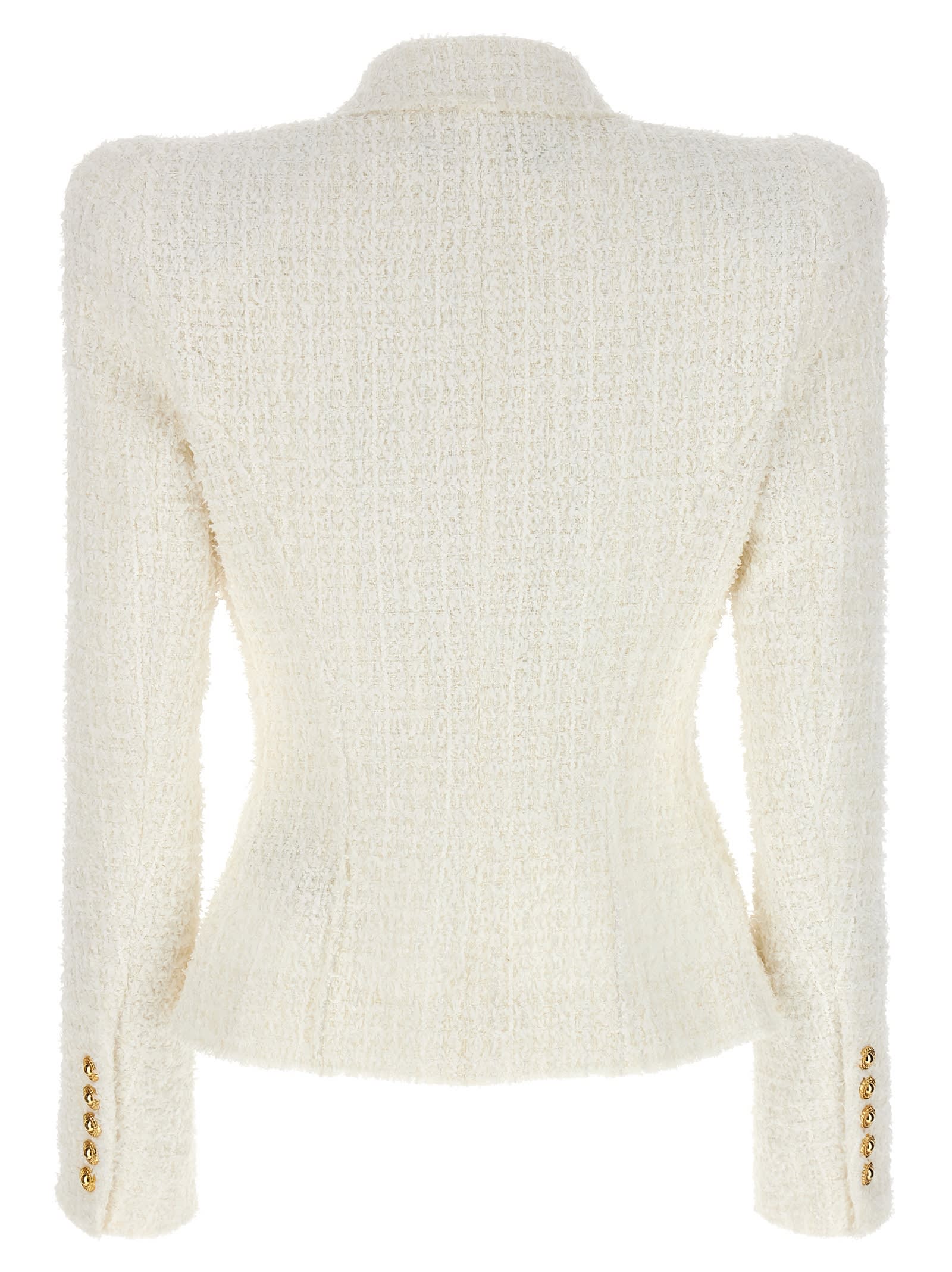 Shop Balmain Double-breasted Tweed Blazer With Logo Buttons In White