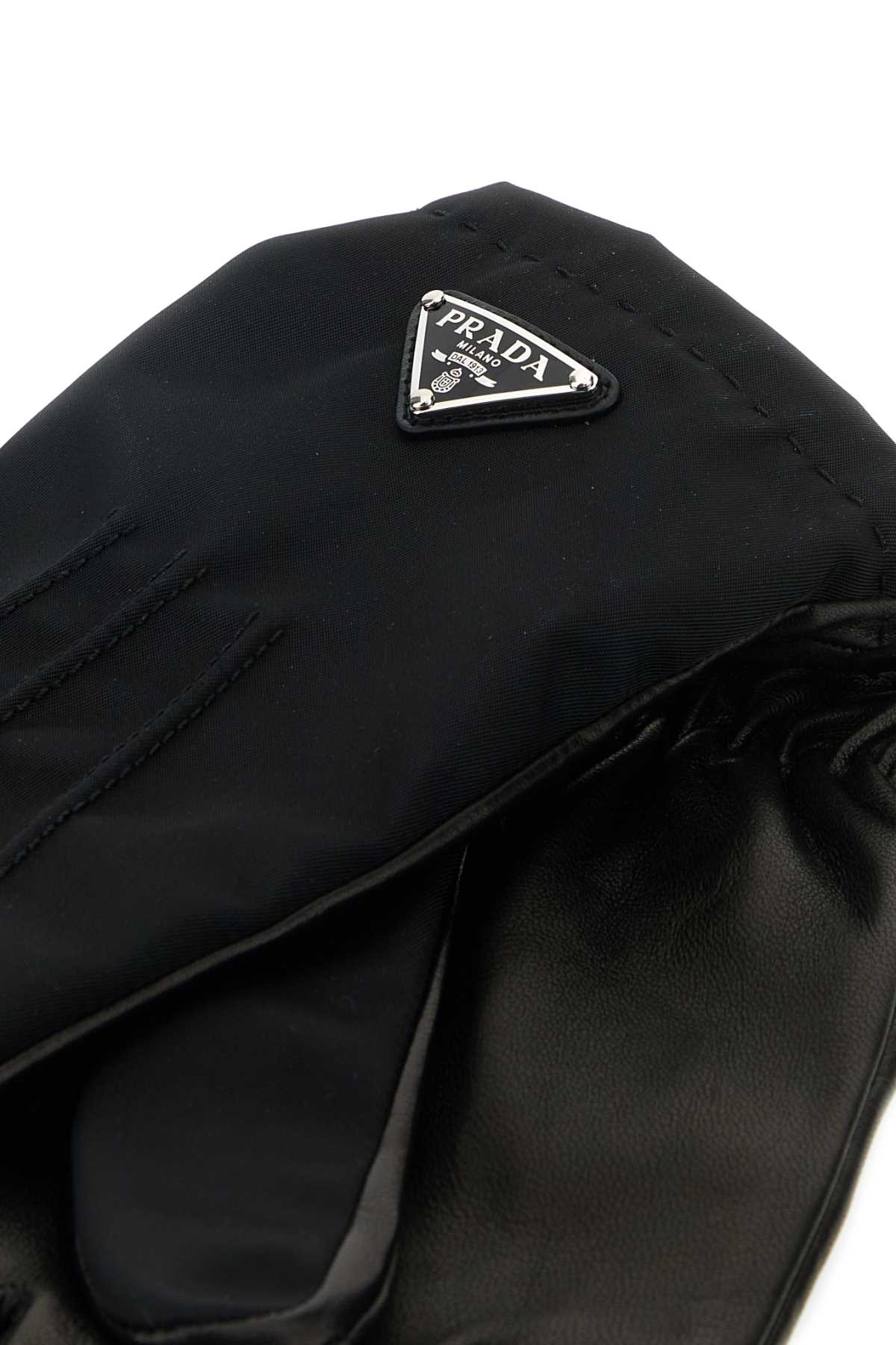 Shop Prada Black Nylon And Nappa Leather Gloves In Nero