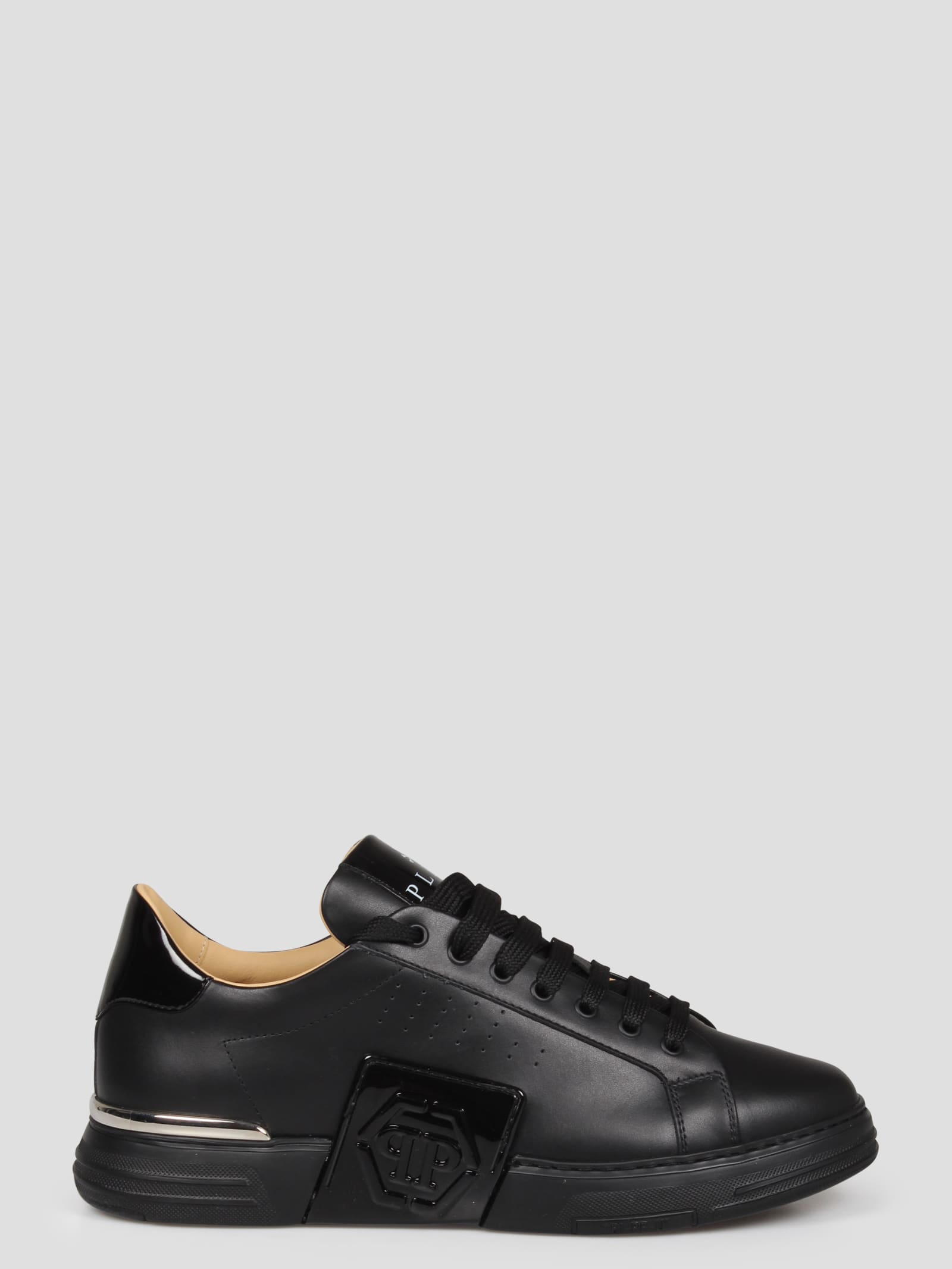 Shop Philipp Plein Mix Leather Lo-top Sneakers Hexagon In Nero