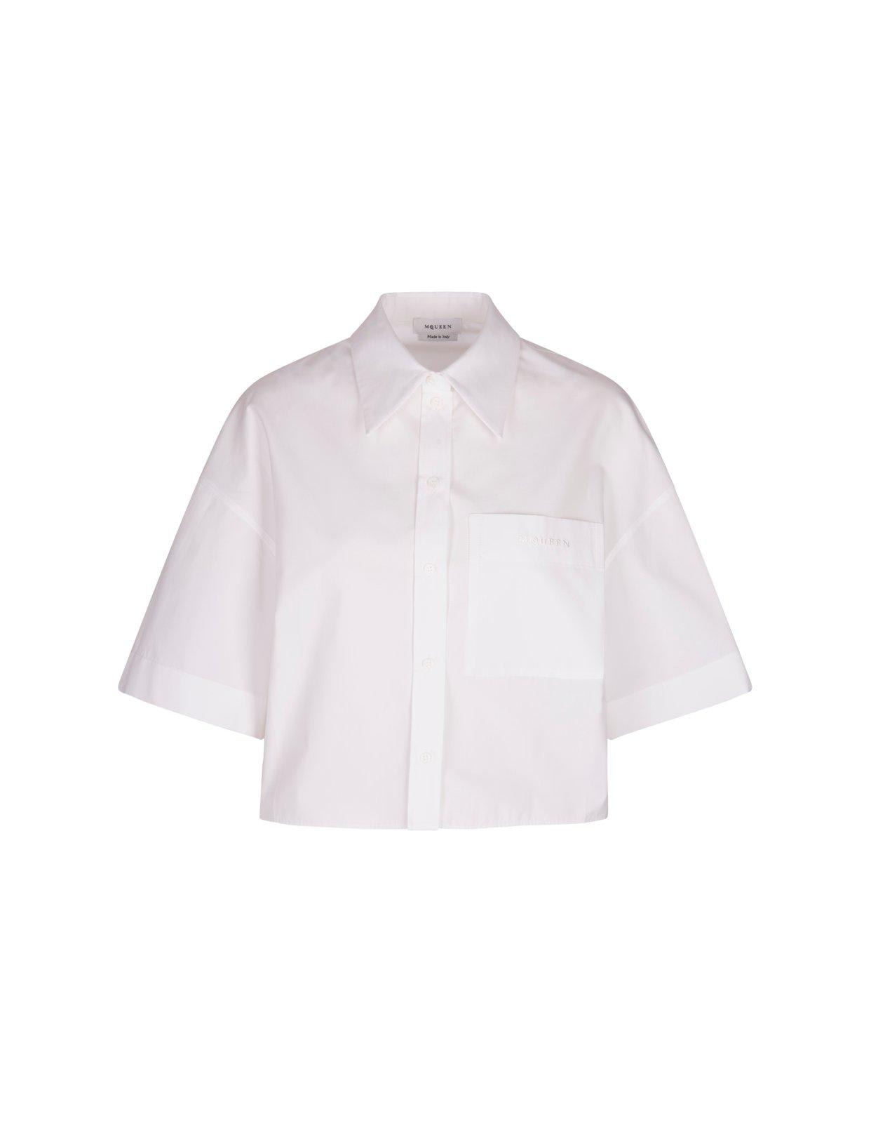 Shop Alexander Mcqueen Short-sleeved Cropped Shirt In Opticalwhite